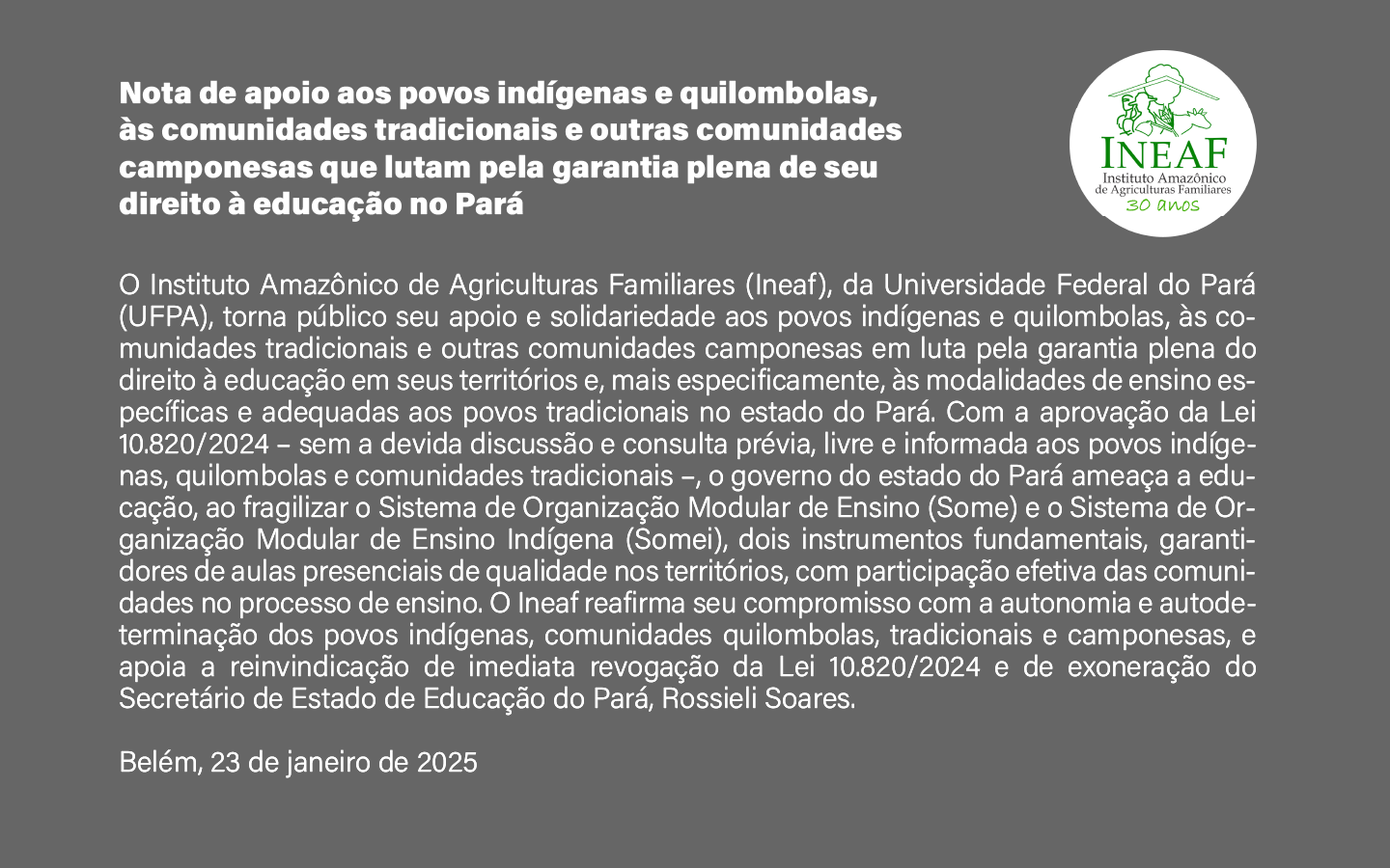 Nota de apoio aos povos indígenas e quilombolas, às comunidades  tradicionais e outras comunidades camponesas que lutam pela  garantia plena de seu direito à educação no Pará 